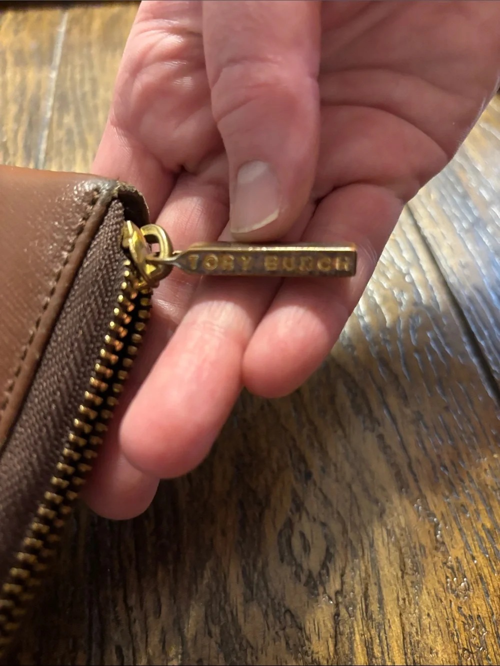 Tory Burch Brown Leather Zip Card Holder with Gold Logo